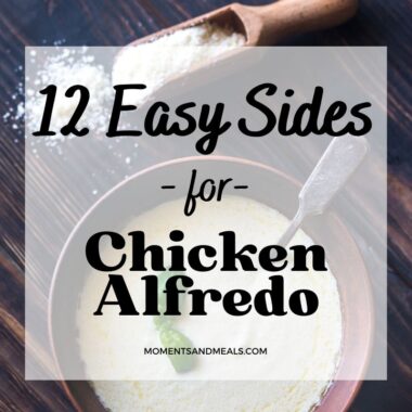 bowl of alfredo sauce and wood scoop of parmesan cheese with text overlay for article title.