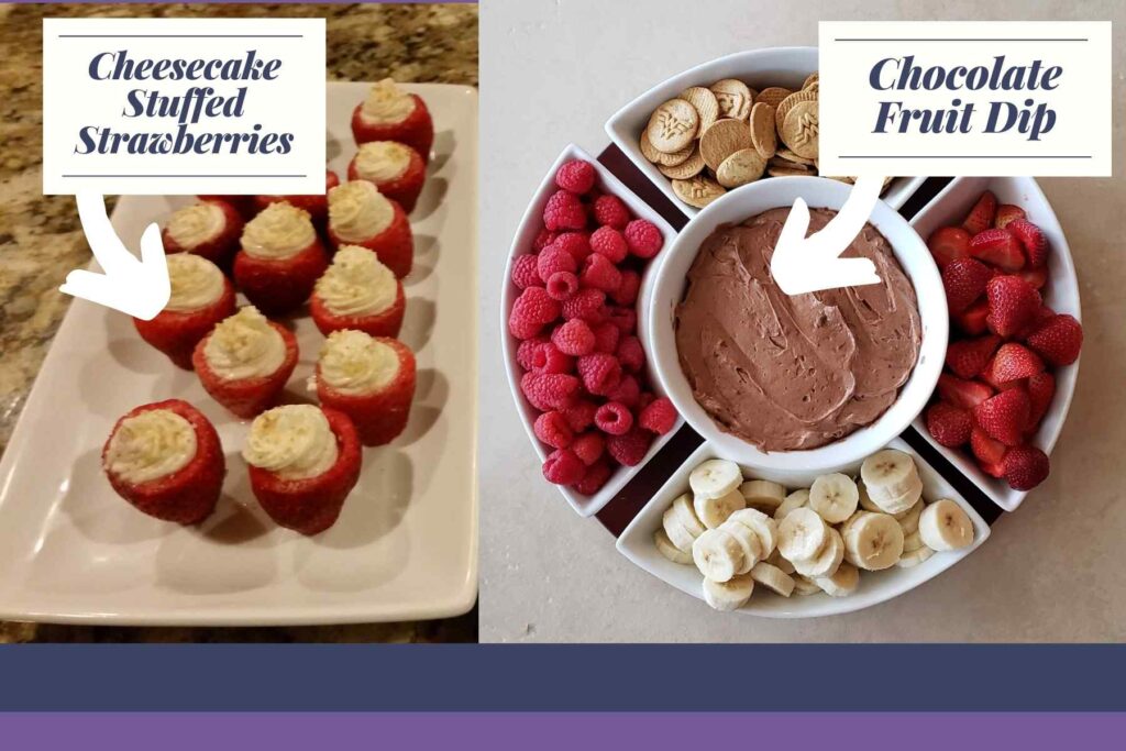 White plate with cheesecake stuffed strawberries on the left and a platter with chocolate fruit dip in the middle surrounded by raspberries, bananas, strawberries, and graham crackers on the right