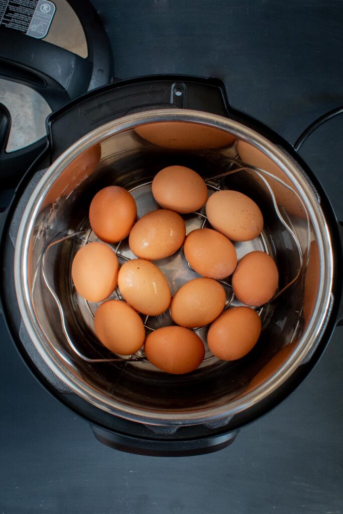 top down view into instant pot of a dozen brown eggs