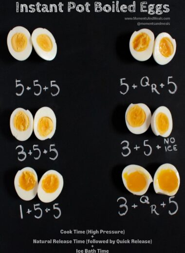 6 sets of boiled eggs, cut in half lengthwise to show doneness of yolk. Times listed for each set. Ranges from hard boiled on top left to soft boiled on bottom right.