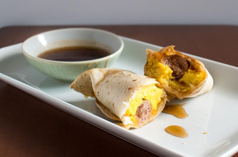 Chicken Sausage Breakfast Burritos with Spicy Maple Syrup (Make Ahead and Freezer Friendly)