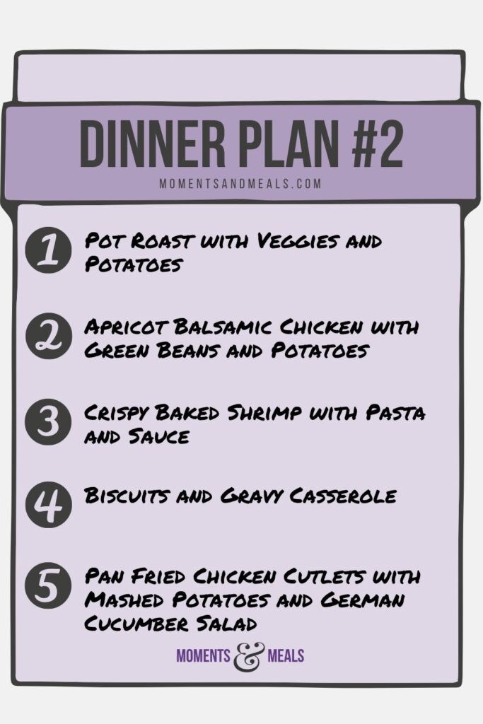 Infographic for weekly dinner plan. Flexible easy meal plan for families.