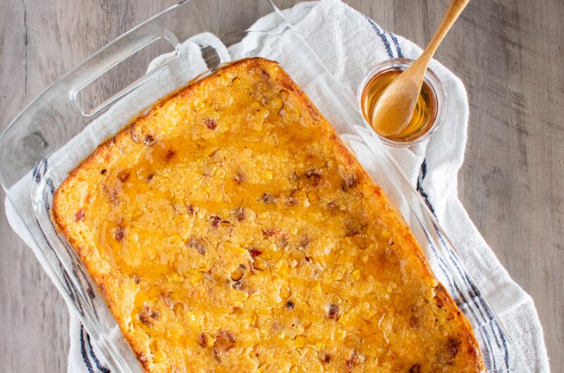 Jiffy Corn Casserole with Spicy Cheese and Bacon