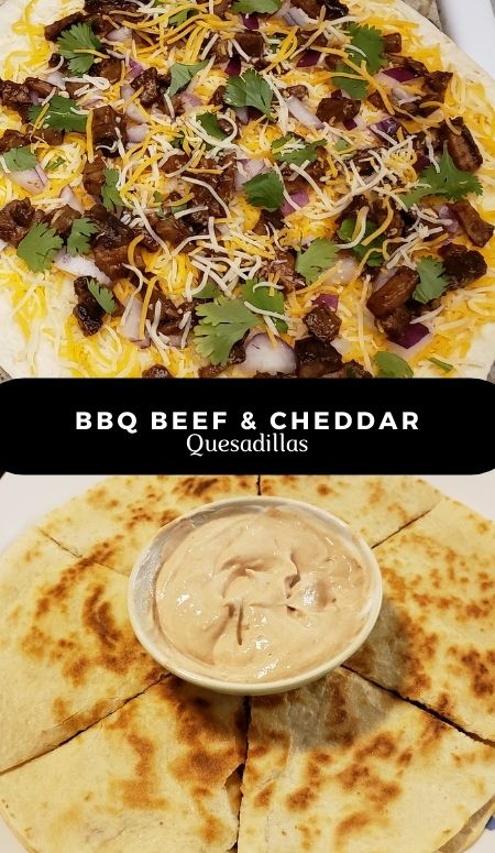 open quesadilla with shredded cheese, diced steak, cilantro and red onion. bottom shows cooked quesadilla with dipping sauce