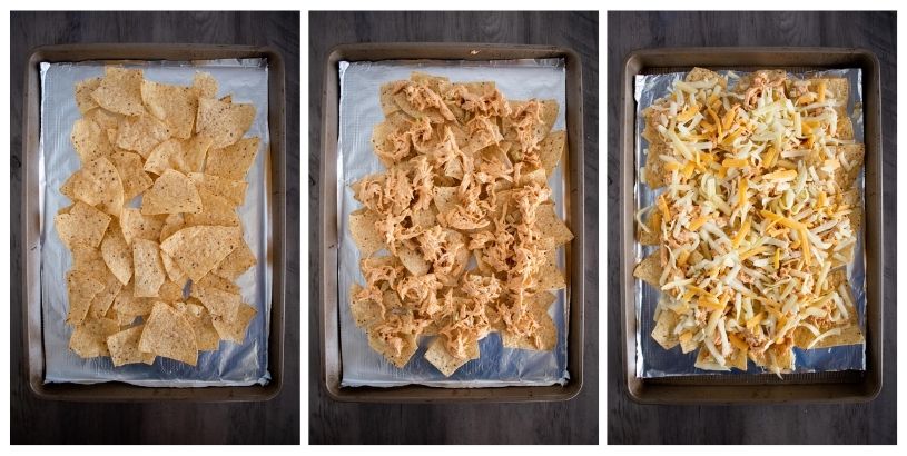 collage of 3 photos showing assembly of nachos.
