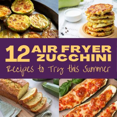 collage of zucchini: zucchini rounds with cheese, zucchini fritters, zucchini bread, and zucchini pizza boats.