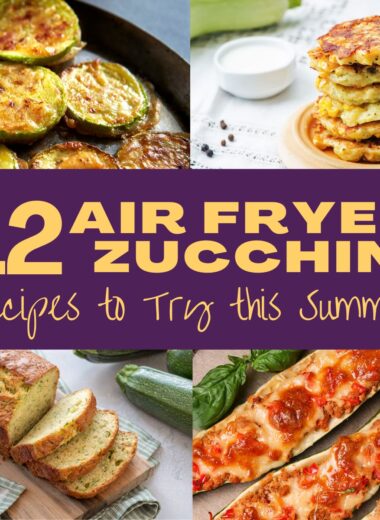 collage of zucchini: zucchini rounds with cheese, zucchini fritters, zucchini bread, and zucchini pizza boats.