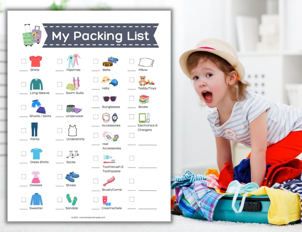 sample image of kids packing list with a little girl excitedly filling her suitcase.