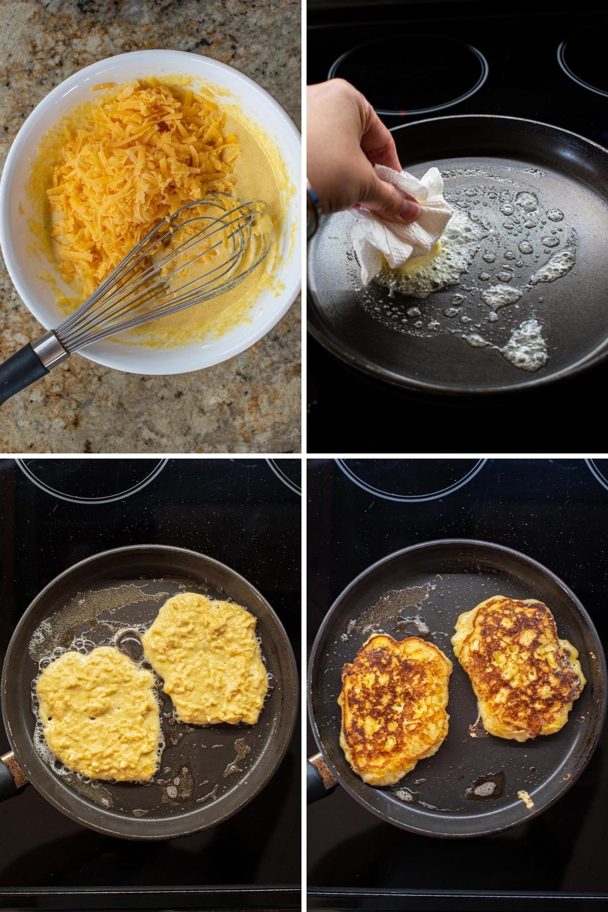 collage showing steps to making corn cakes from mixing batter to rubbing butter onto pan, then pouring batter, and finally flipping the corn cakes. 