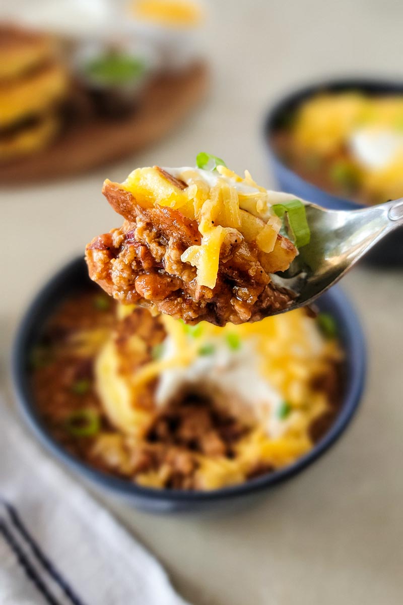 focus on a spoonful of chili.