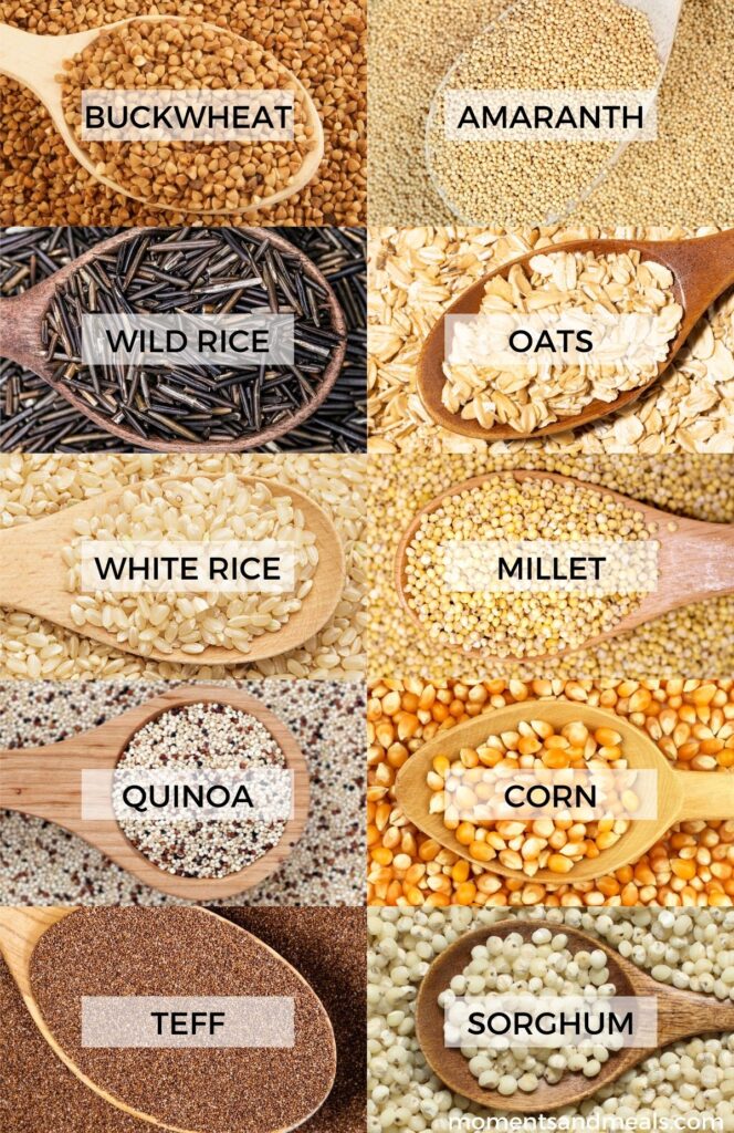 grain on a wooden spoon, collage of 10 types.