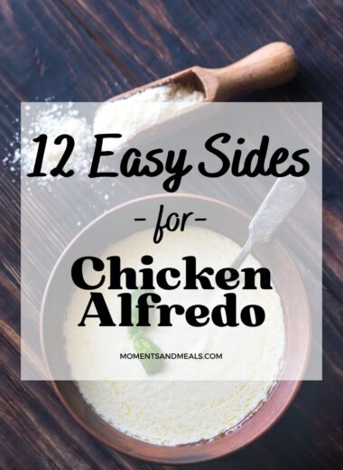 bowl of alfredo sauce and wood scoop of parmesan cheese with text overlay for article title.