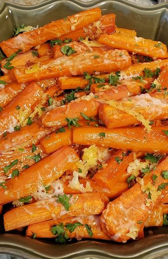 green platter with roasted garlic parmesan carrots.